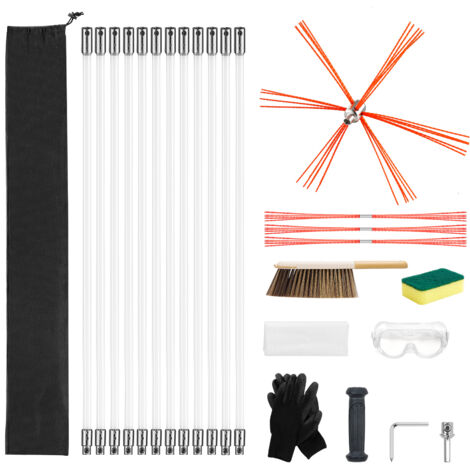 Mophorn Kit de limpieza para chimeneas,incluye varilla flexible de nylon de 12m,3 recambios de cerdas,guantes,Ideal para chimeneas cuadradas, con diseño flexible para adaptarse a ángulos de hasta 90°.