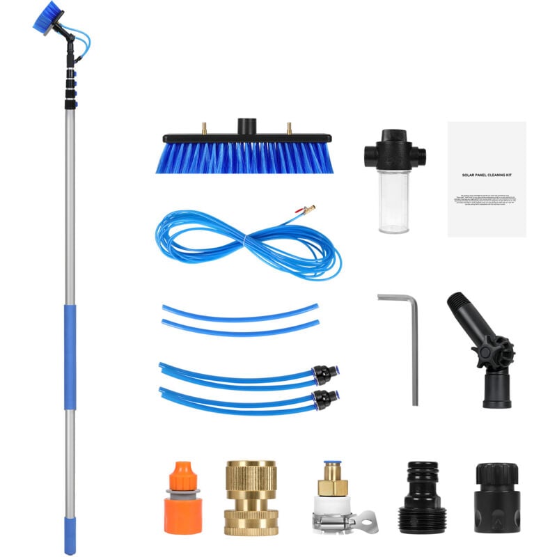 Kit de perche alimentée en eau, perche de nettoyage de panneau solaire de 9 m avec poignée extensible, tête de brosse rotative à 180 ° et tuyau de 20