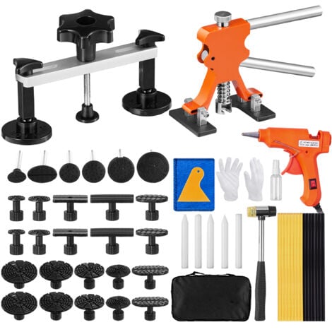 Mophorn Kit de reparation pour debosselage de carrosserie sans peinture 6PCs Kit Debosselage Carrosserie Reparable 0,5-13,5 cm avec Pont et Extracteur Dore Pistolet a Colle Languettes