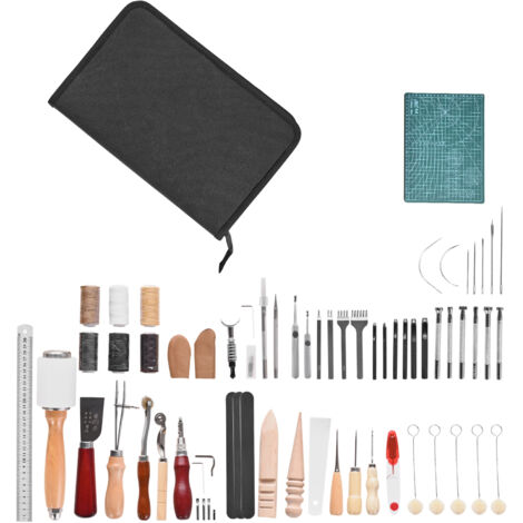 Mophorn Kit di Strumenti per Lavorazione della Pelle, 59 Pezzi, Set Completo con Borsa in Tela Portatile, Ideale per Incisione, Punzonatura, Cucito, Timbratura e Levigatura