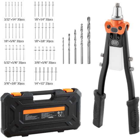 Mophorn Kit Rivettatrice per Filettati a Cricchetto con 230 Rivetti Ciechi,Strumento a Due Mani con 5 Naselli Intercambiabili,5 Punte da Trapano e Custodia,Ideale per Lavori su Metallo e Uso Domestico
