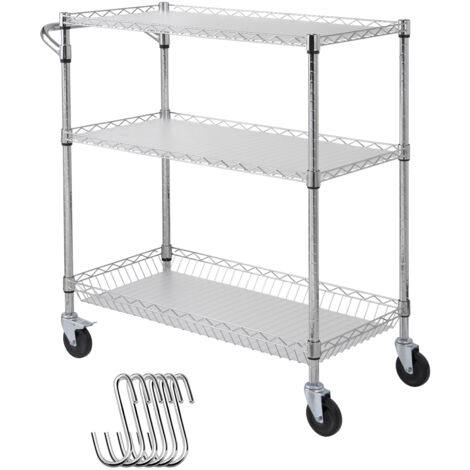 Mophorn Kitchen Utility Cart, 3-Tier Wire Rolling Cart with 661LBS Capacity, Metal Storage Trolley on Wheels with 80mm Basket Handle and 6 Hooks, Ideal for Indoor and Outdoor Use