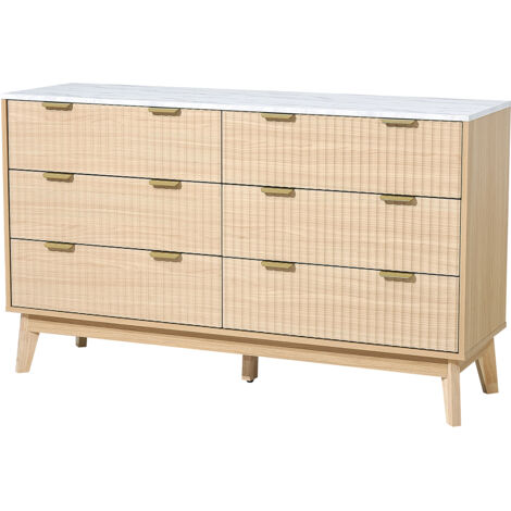 Mophorn Kommode mit 6 Schubladen & Kippschutz, moderner minimalistischer Schrank (399 x 1372 x 813 mm) für Wohnzimmer, Schlafzimmer und Flur (helles Holz)