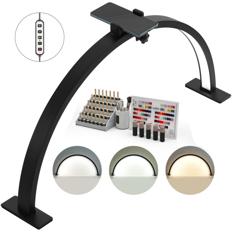 Lampe de bureau Nail 30W demi-lune avec support pour téléphone. Luminosité et température de couleur réglables. Idéale pour les prothésistes