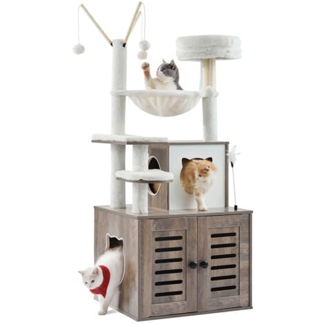 Mophorn Large Cat Tree with Litter Box Enclosure, 54.33" Tall, 2-in-1 Multi-Level Condo with Sisal Scratching Posts, Perches, Hammock for Indoor Cats