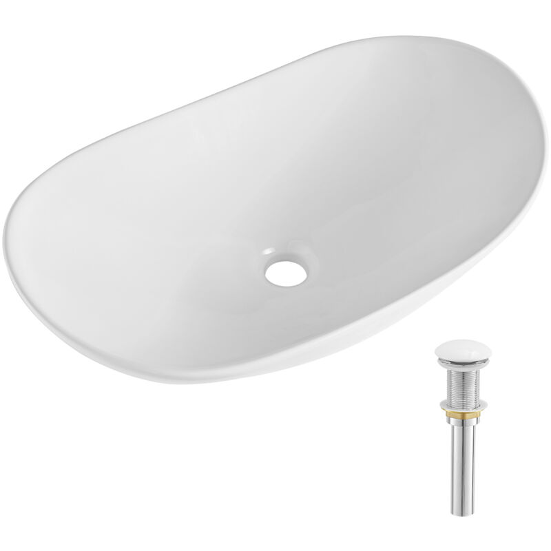 Lavabo de salle de bain ovale en céramique 23,3' x 14,2' - Vasque de comptoir blanche moderne, bien emballée pour la salle de bain, l'hôtel, les