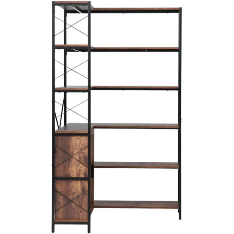 Mophorn Libreria angolare a 6 ripiani con ante portaoggetti, organizer alto a forma di L con struttura in metallo e ripiani regolabili, scaffale espositivo reversibile per uso domestico e in ufficio