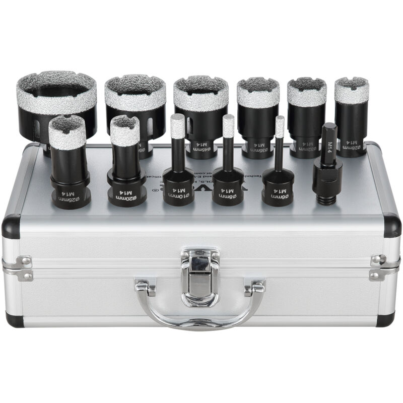 VEVOR Lot de 11 Couronnes Diamantees 6/8/10/20/25/28/32/35/45/50/65 mm, Kit de Scies Cloches avec Connecteur M14 et Etui de Rangement pour Sec et