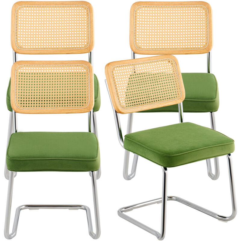 Mophorn - Lot de 4 chaises en rotin, chaise de salle à manger moderne du milieu du siècle, rembourrée en velours avec dossier en rotin, rétro pour