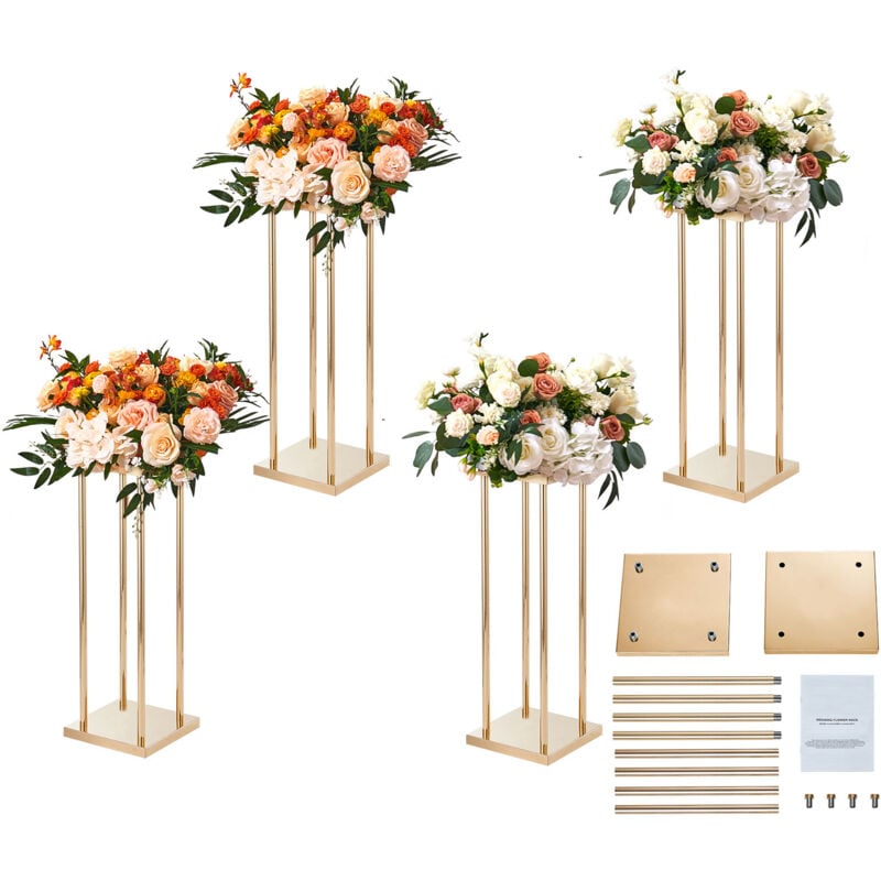 Lot de 4 supports à fleurs en métal doré pour mariage, hauteur de 60 cm avec stratifié en métal, vases centraux géométriques, présentoir cylindrique