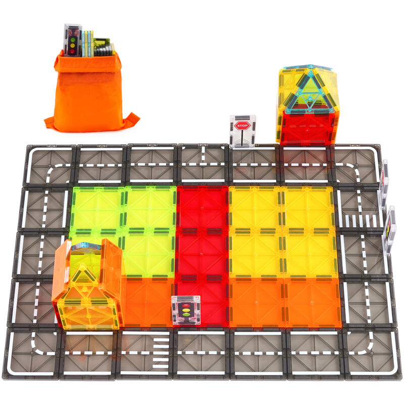 Lot de 56 blocs de construction magnétiques pour routes, jouets de construction magnétiques avec sac de rangement, jouets éducatifs stem à empiler