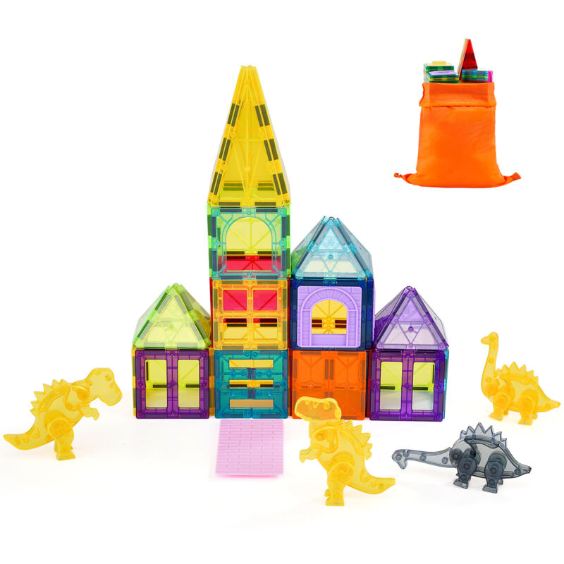 Lot de 56 tuiles magnétiques, blocs de construction magnétiques en forme d'animaux avec 4 dinosaures, jouets de construction éducatifs stem pour