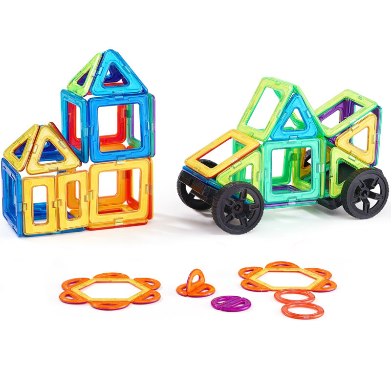 Lot de 62 blocs de construction magnétiques avec roues, tuiles magnétiques éducatives stem pour enfants,jouets de construction et d'empilage pour