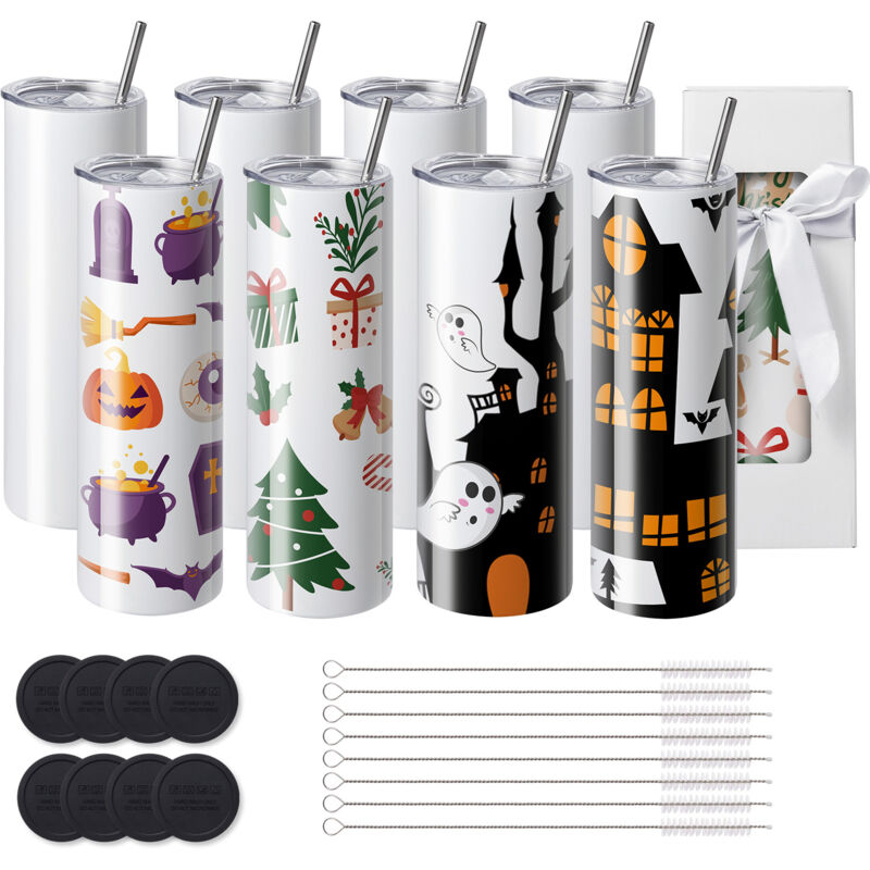 Mophorn Lot de 8 gobelets droits à sublimation, 30 ml, en acier inoxydable, personnalisables avec accessoires et coffret cadeau