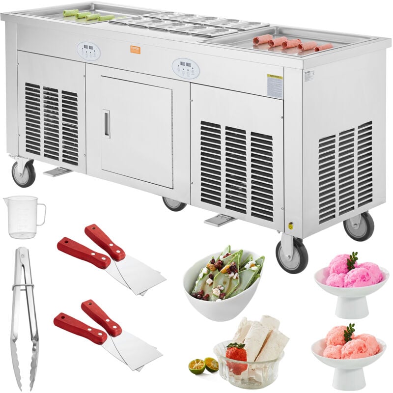 Mophorn - vevor Machine a Glace Roulee avec 2 Casseroles de 45x45 cm, Plancha a Glace Roulee en Inox Alimentaire, Machine a Rouler la Glace
