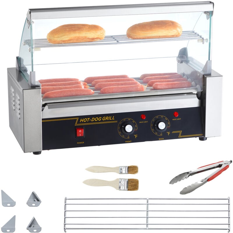 Mophorn Machine de cuisson électrique à 12 rouleaux pour hot-dogs Dosseret et étagère à 5 rouleaux 1000 W Acier inoxydable
