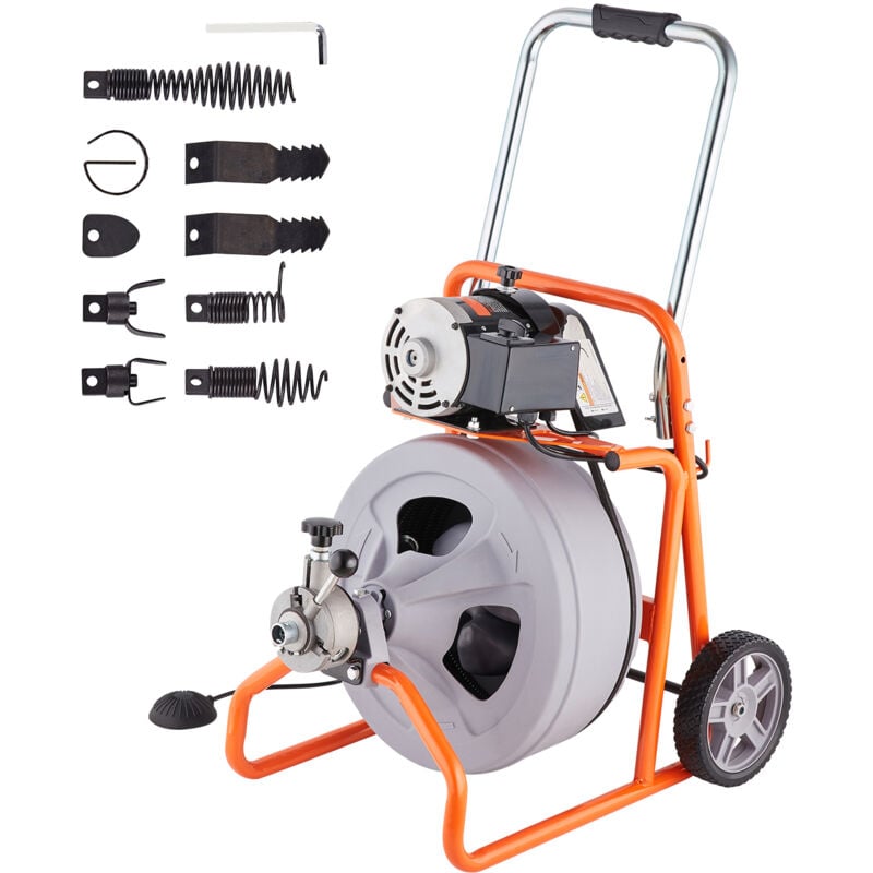 Machine de nettoyage de canalisations 30,5 m x 1,27 cm, alimentation automatique, tarière de vidange serpent sur roues, appareil de nettoyage de