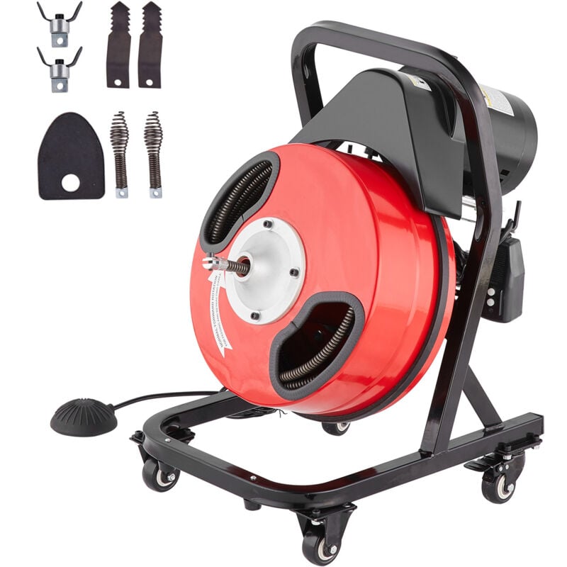 Machine de nettoyage de drain 50FT x 1/2 pouce, tarière à serpent d'égout à alimentation manuelle - avec roues, 4couteaux et interrupteur à pédale à