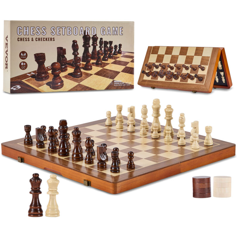 Mophorn Magnetic Wooden Chess Set, 15 inch 2-IN-1 Chess Checkers Game Set, Folding Chess Board Games for Adults Kids, 2 Queens Portable Travel Gift