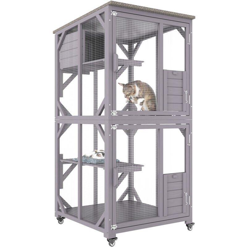 Maison pour chat pour l'extérieur, grand Catio à 3 niveaux avec roulettes rotatives à 360°, 2 plateformes, boîte de repos, grande porte d'entrée,