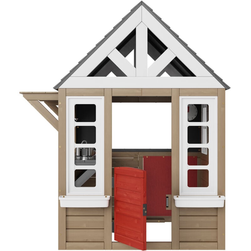 Maisonnette de jeu en bois pour enfants de 2 à 10 ans, maisonnette de jardin avec porte, fenêtre, gril, évier et cuisinière, style campagnard
