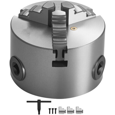 Mophorn Mandril de Torno de 3 Mordazas 80 mm Autocentrante Rango de Sujeción de 2-63 mm con Tornillos de Fijación con Llave en T, Mordazas Reversibles, Interior/Exterior para Torno de Madera y Metal