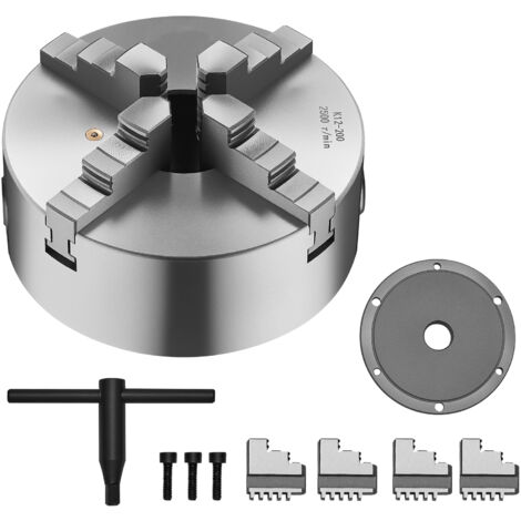 Mophorn Mandril de Torno de 4 Mordazas Diámetro Exterior de 200 mm, Autocentrante con Placa de Soporte Roscada, Rango de Sujeción de 4-200 mm con Tornillos de Llave en T para Torno de Madera y Metal