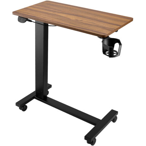 Mophorn Mesa de Cama Ajustable, Mesa Auxiliar Móvil con 4 Ruedas, Elevación Eléctrica con Botón Mejorado,Escritorio Portátil con Portavasos, Altura Regulable para Uso en el Hogar, Color Madera y Negro
