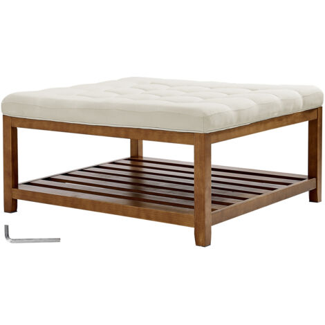 Mophorn Mesa de Centro Otomana, 875 x 875 x 445 mm, Mesa de Café Cuadrada con Estante de Madera Maciza y Reposapiés Tapizado en Lino para Sala de Estar, Soporta hasta 181,44 kg, Color Blanco Crema