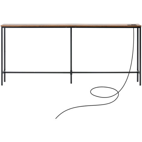 Mophorn Mesa de consola estrecha para sofá, 180 x 20 x 80 cm, diseño de un nivel con enchufes integrados, estructura metálica y estación de carga, ideal para entrada, pasillo, marrón y negro