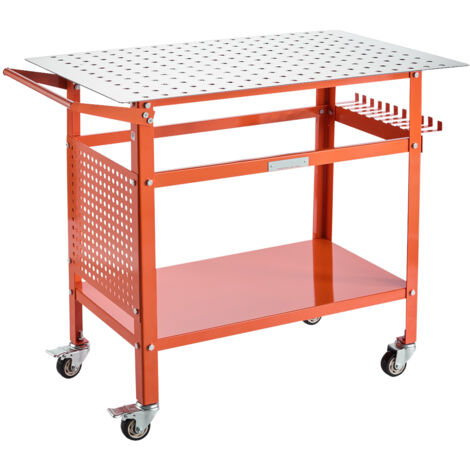 Mophorn Mesa de soldadura, 40" x 24", capacidad de 800 libras, móvil con 4 ruedas, almacenamiento de doble capa, orificios para accesorios para proyectos de soldadura versátiles