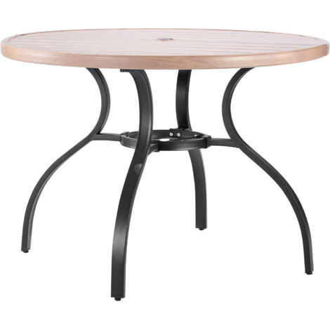 Mophorn Mesa redonda para jardín y balcón, fabricada en acero al carbono. Resistente al agua, con diseño de veta de madera, orificio para sombrilla y capacidad de carga de 68 kg. 1035 x 720 mm.