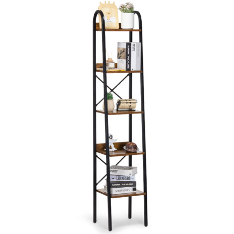 Mophorn Metal Bookshelf, 5-Tier Industrial, tall and narrow style. Ideal for storing in living spaces with its open shelves.