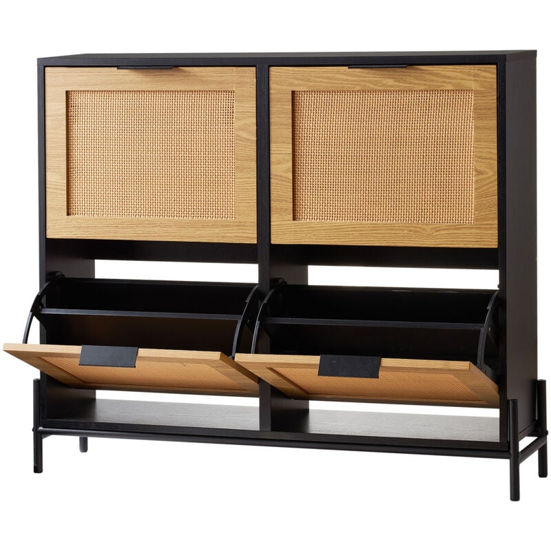 Meuble à chaussures en rotin, 4 tiroirs rabattables, fin pour entrée, bois clair - Mophorn