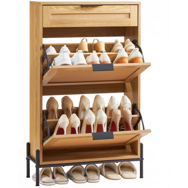 Mophorn Meuble à chaussures en rotin, organiseur de rangement de chaussures étroit avec 2 tiroirs rabattables en rotin et 1 tiroir coulissant, pieds