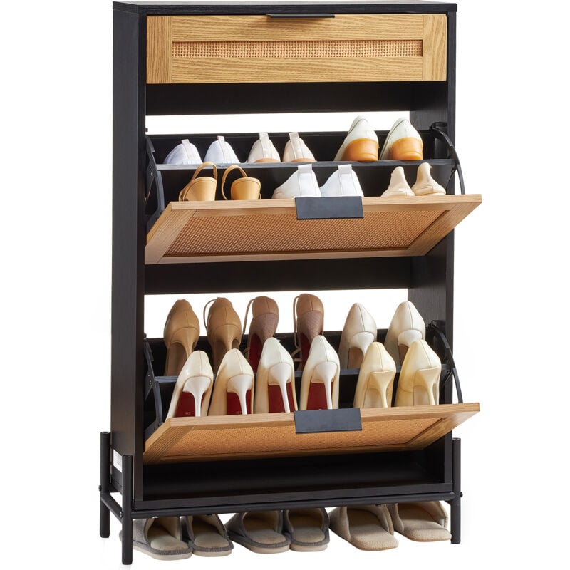 Mophorn - Meuble à chaussures en rotin, organiseur de rangement étroit avec 2 tiroirs rabattables en rotin et 1 tiroir coulissant, pieds en métal,