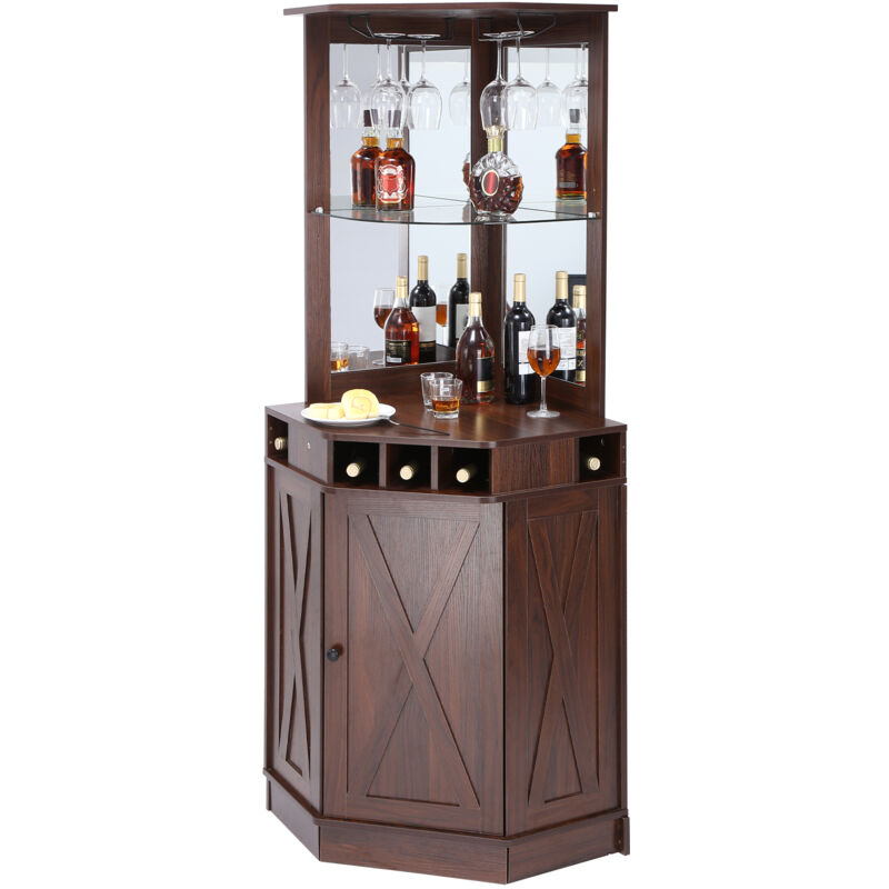 Mophorn - Meuble de bar industriel d'angle , table à vin pour liqueurs et verres. Buffet avec support pour verres. Meuble de bar à café en bois de