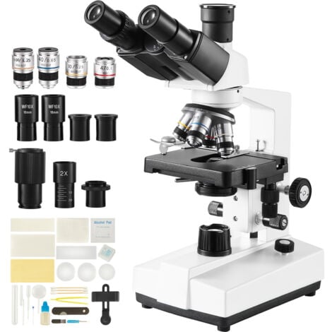 Mophorn Microscopio composto trinoculare, ingrandimento 40X-5000X, illuminazione a LED, interfaccia esterna, tavolino meccanico a due strati, include vetrini per microscopio