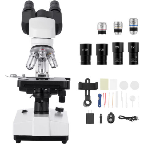Mophorn Microscopio Compuesto Binocular con Aumento de 40-5000X, Cuerpo de Aleación de Aluminio, Oculares Intercambiables, Luz LED y Soporte para Teléfono, Ideal para Estudiantes y Laboratorios