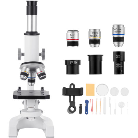 Mophorn Microscopio Compuesto con Aumento de 40-2000X, Kit Monocular con Cuerpo de Aleación de Aluminio, Luz LED y Soporte para Teléfono, Ideal para Estudiantes, Laboratorios y Escuelas