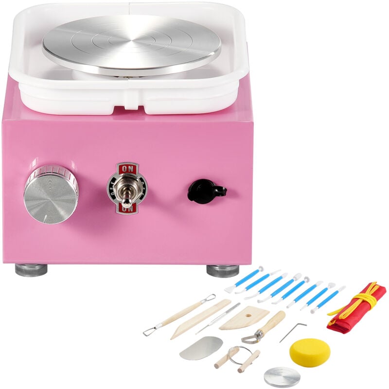 Mophorn Mini tour de potier, 0-320 tr/min, bassin amovible, 2 plateaux tournants, 18 accessoires, rose pour bricolage