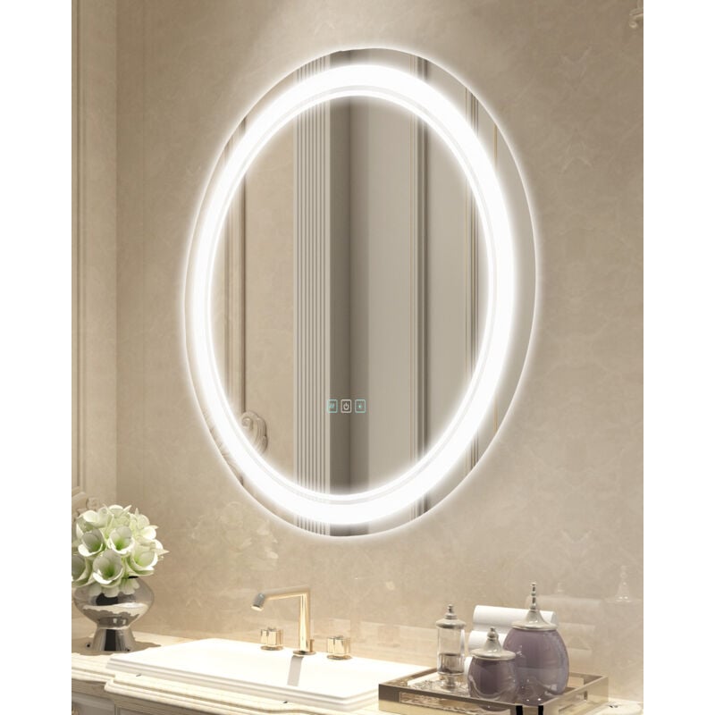 Mophorn - Miroir de salle de bain led - 60 cm rond, montage mural avec éclairage avant et rétroéclairé, antibuée, 3 couleurs de température à