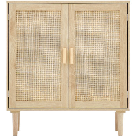 Mophorn Mobiletto in rattan - Finitura naturale con 2 ante magnetiche e ripiani regolabili, credenza ideale per corridoio, ingresso, soggiorno e cucina