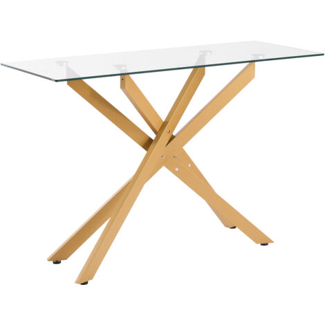 Mophorn Modern Glass Coffee Table, Rectangular Side Table with Tempered Glass Top & Iron Cross-Legs, Gold Geometric Console Desk with Adjustable Non-Slip Feet for Living Room, Entryway, or Foyer