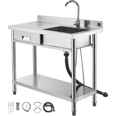 Mophorn Mueble de fregadero de acero inoxidable, 100 x 50 x 94 cm, con un seno, grifo y cajón, patas ajustables, ideal para garaje, restaurante, lavandería y lavabo exterior con encimera izquierda