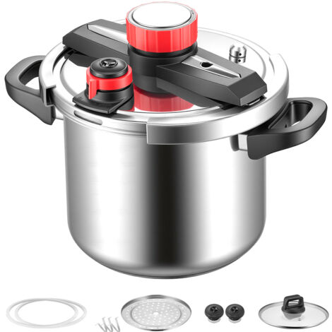 Mophorn Olla a presión de 6,85 L, acero inoxidable, incluye rejilla para cocinar al vapor, tapa de vidrio templado y tres niveles de presión ajustables para preparar carne. 365 x 240 x 265/255 mm.
