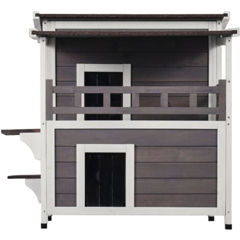 Mophorn Outdoor-Katzenhaus, wetterfest, Unterschlupf für Wildkatzen, großes 2-stöckiges Holzhaus mit Balkon, Türen, PVC-Türklappen und offenem Dach, 30"L x 30"B x 32"H für mehrere Katzen