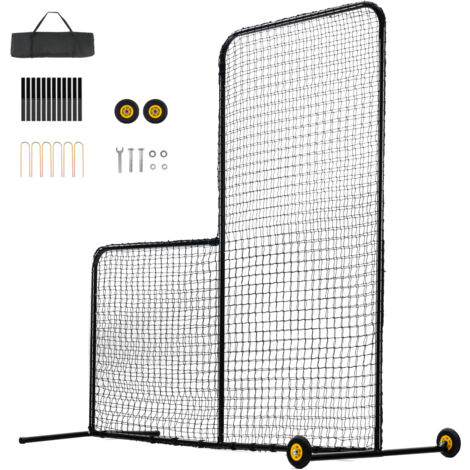 Mophorn Pantalla de seguridad de softbol de 7 x 7 pies, red de bateo portátil en forma de L con bolsa de transporte, ruedas y estacas de tierra, protector de lanzamiento resistente para jaula de bateo