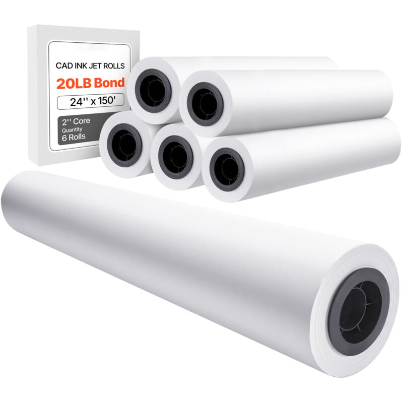 Papier grand format, 24 po x 150 pi, papier traceur, 6 rouleaux, papier bond 20 lb avec noyau de 2 po, idéal pour les dessins cao, les plans
