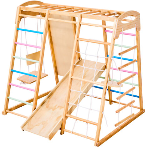 Mophorn Parco Giochi al Coperto in Legno, Set da Arrampicata Montessori da 113 kg con Barra, Altalena, Scivolo, Scala in Corda e Legno, Rete da Arrampicata, Sbarra e Parete Rocciosa